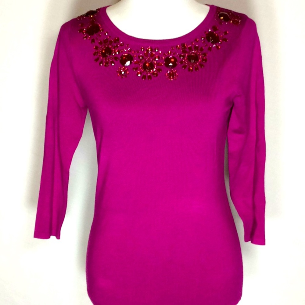 Lightweight Sweater with Rhinestone Neckline